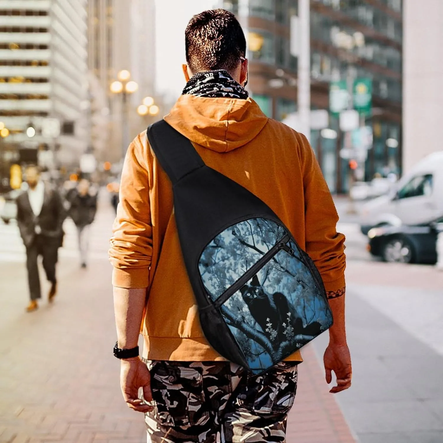 Small Sling Chest Bag Crossbody Bag for Men Women,Black Cat on Tree Lightweight Gym Daypack for Travel Cycling Hiking