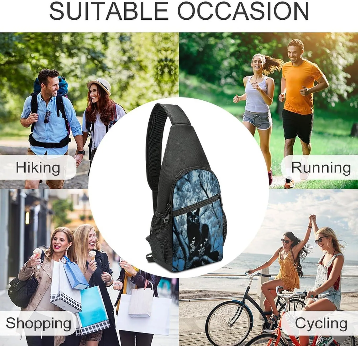 Small Sling Chest Bag Crossbody Bag for Men Women,Black Cat on Tree Lightweight Gym Daypack for Travel Cycling Hiking