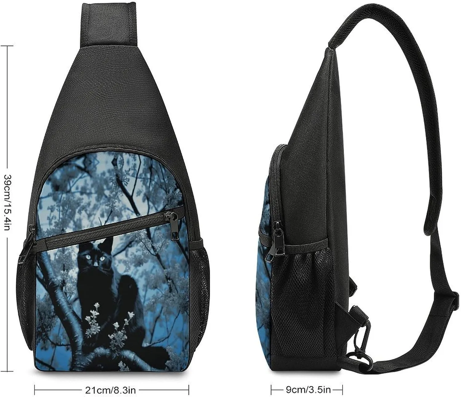 Small Sling Chest Bag Crossbody Bag for Men Women,Black Cat on Tree Lightweight Gym Daypack for Travel Cycling Hiking