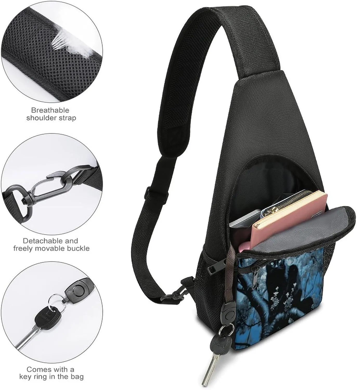 Small Sling Chest Bag Crossbody Bag for Men Women,Black Cat on Tree Lightweight Gym Daypack for Travel Cycling Hiking