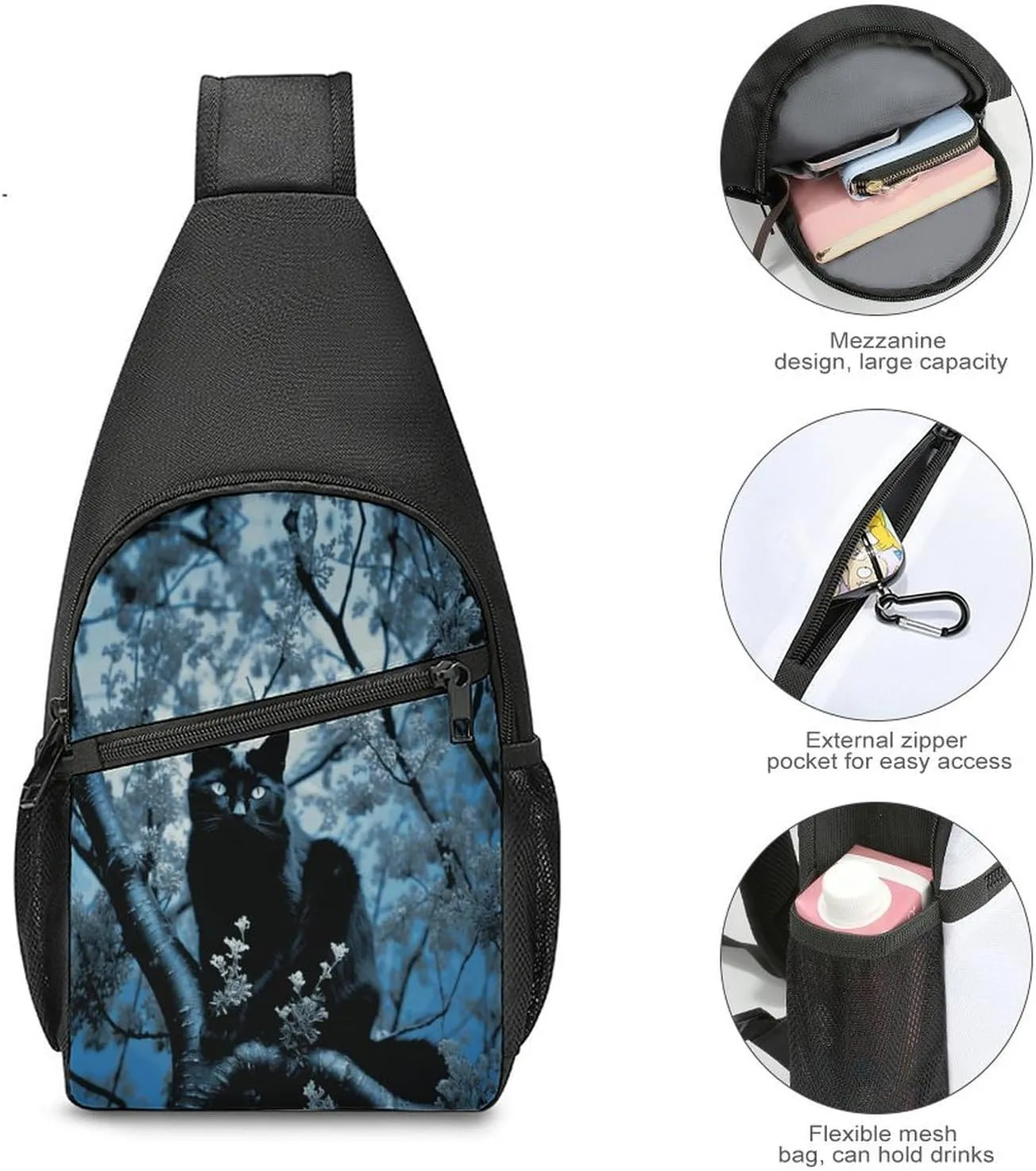 Small Sling Chest Bag Crossbody Bag for Men Women,Black Cat on Tree Lightweight Gym Daypack for Travel Cycling Hiking