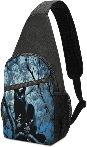 Small Sling Chest Bag Crossbody Bag for Men Women,Black Cat on Tree Lightweight Gym Daypack for Travel Cycling Hiking