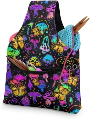 Snilety Mushroom Butterfly Embroidery Project Carrying Bag Portable Needlework Supplies Canvas Yarn Tote Bag Sewing Organizer with Front Zipper Pocket Lightweight Shopping Handbag