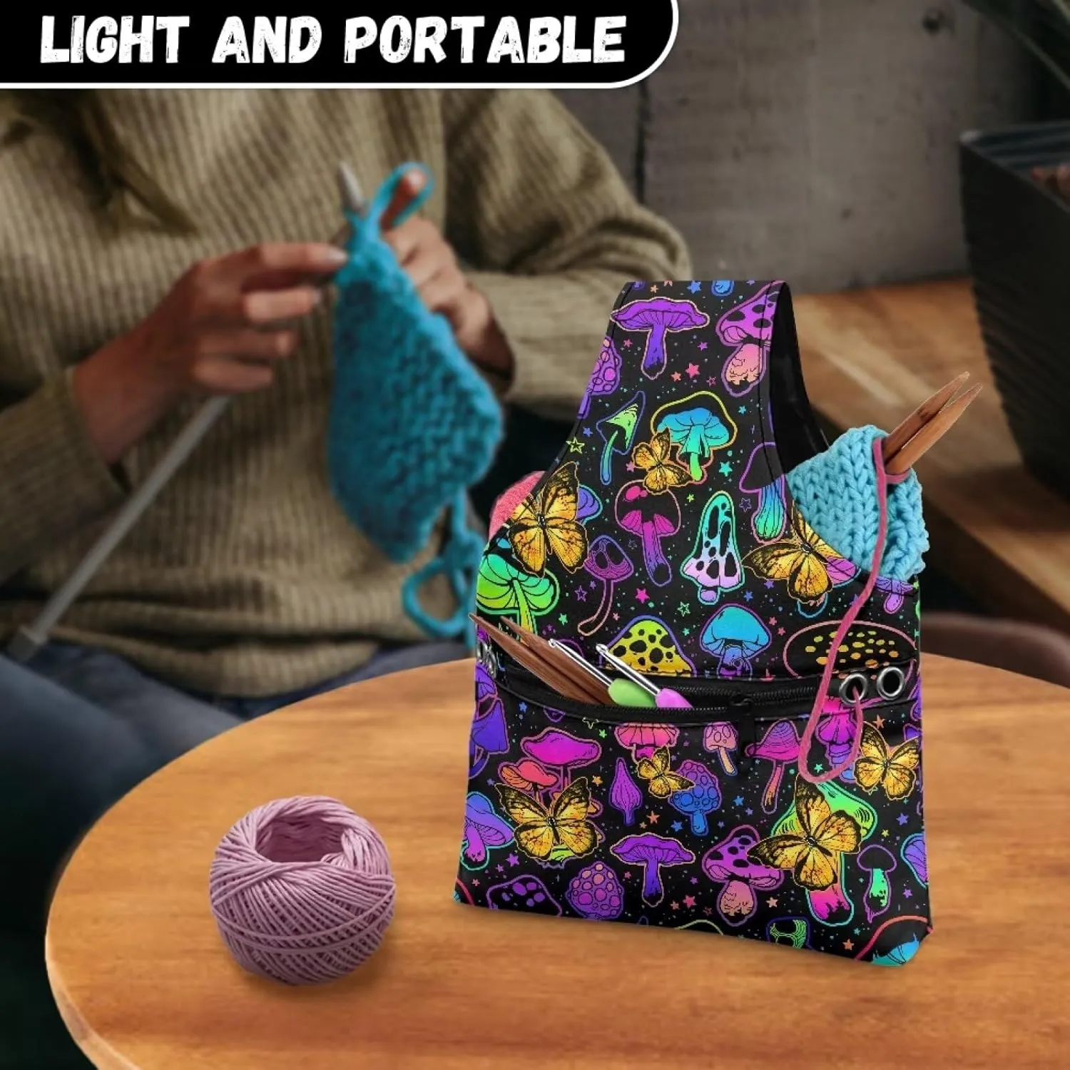 Snilety Mushroom Butterfly Embroidery Project Carrying Bag Portable Needlework Supplies Canvas Yarn Tote Bag Sewing Organizer with Front Zipper Pocket Lightweight Shopping Handbag