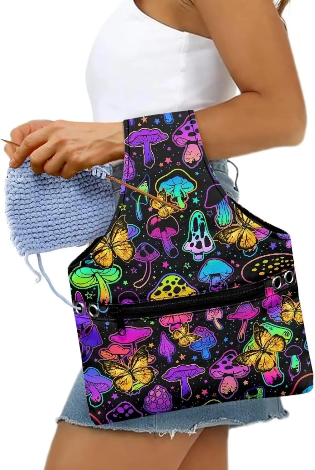 Snilety Mushroom Butterfly Embroidery Project Carrying Bag Portable Needlework Supplies Canvas Yarn Tote Bag Sewing Organizer with Front Zipper Pocket Lightweight Shopping Handbag