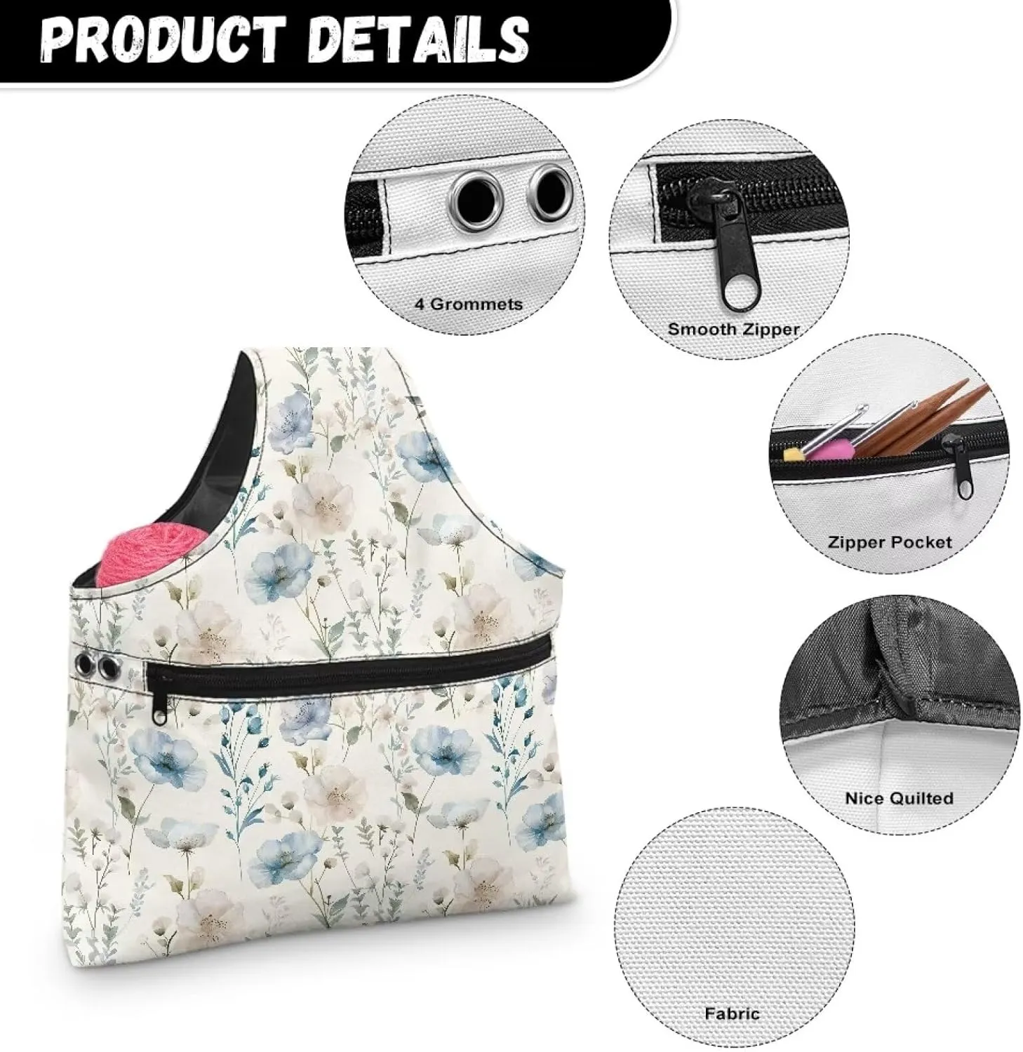 Snilety Retro Flower Knitting Tote Bag, Travel Project Wrist Bag for Knitting Needles(14inches), Yarn and Crochet Supplies, Lightweight, Perfect Size for Knitting on The Go