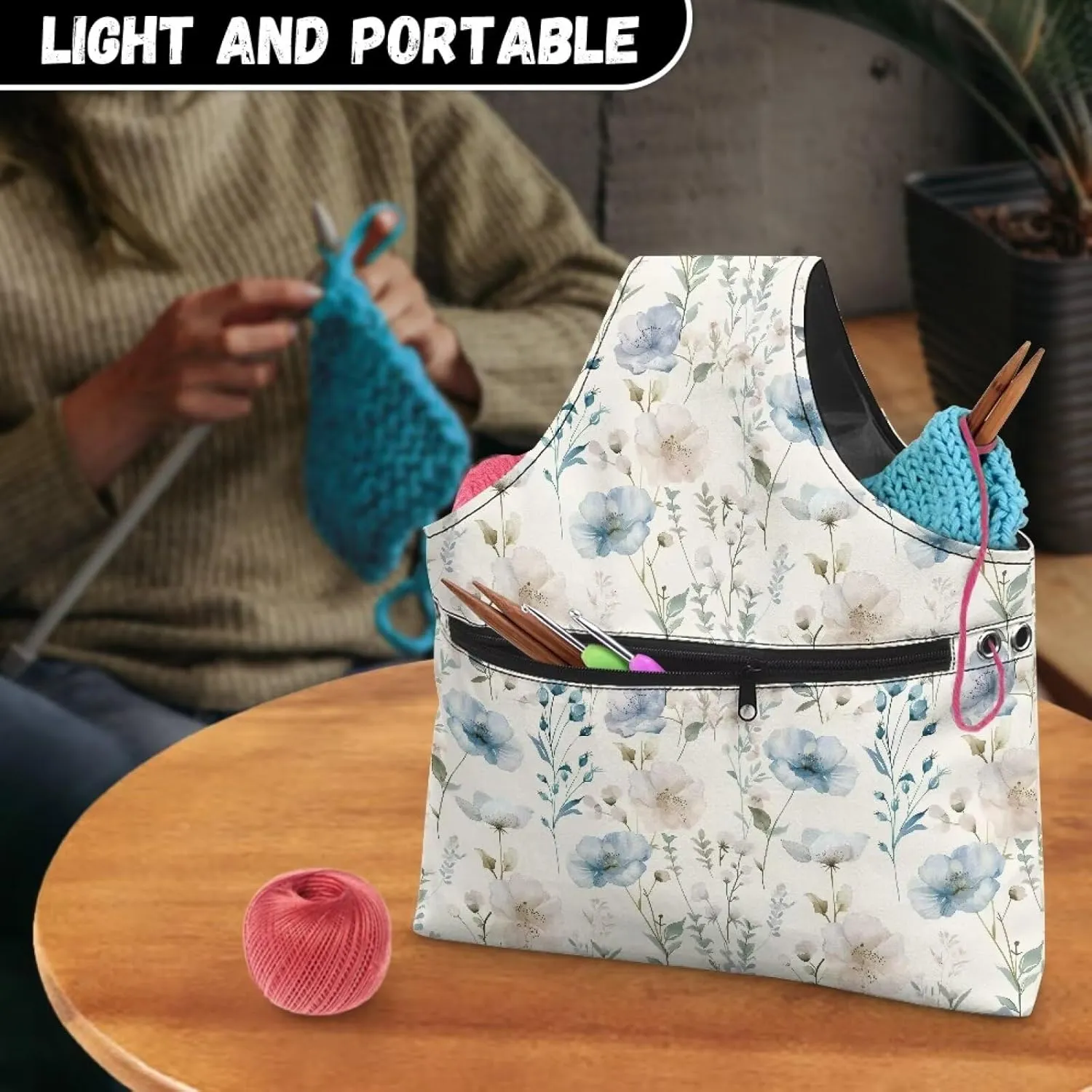 Snilety Retro Flower Knitting Tote Bag, Travel Project Wrist Bag for Knitting Needles(14inches), Yarn and Crochet Supplies, Lightweight, Perfect Size for Knitting on The Go
