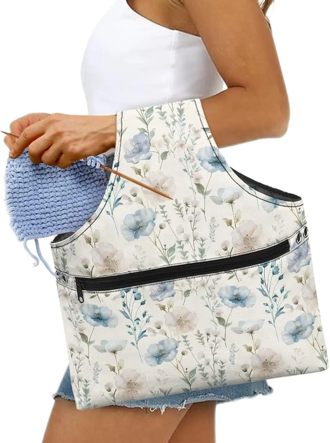 Snilety Retro Flower Knitting Tote Bag, Travel Project Wrist Bag for Knitting Needles(14inches), Yarn and Crochet Supplies, Lightweight, Perfect Size for Knitting on The Go