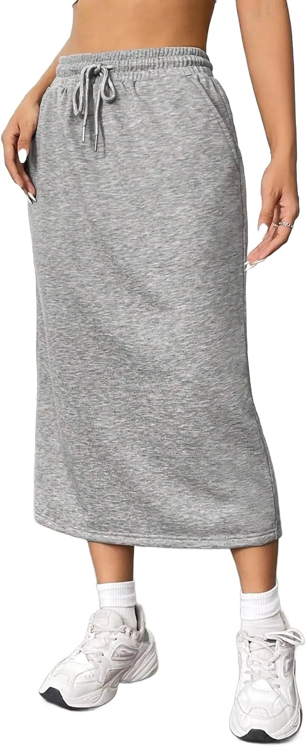SOFIA'S CHOICE Women's Midi Skirt Drawstring High Waist Sweat Skirts with Pockets
