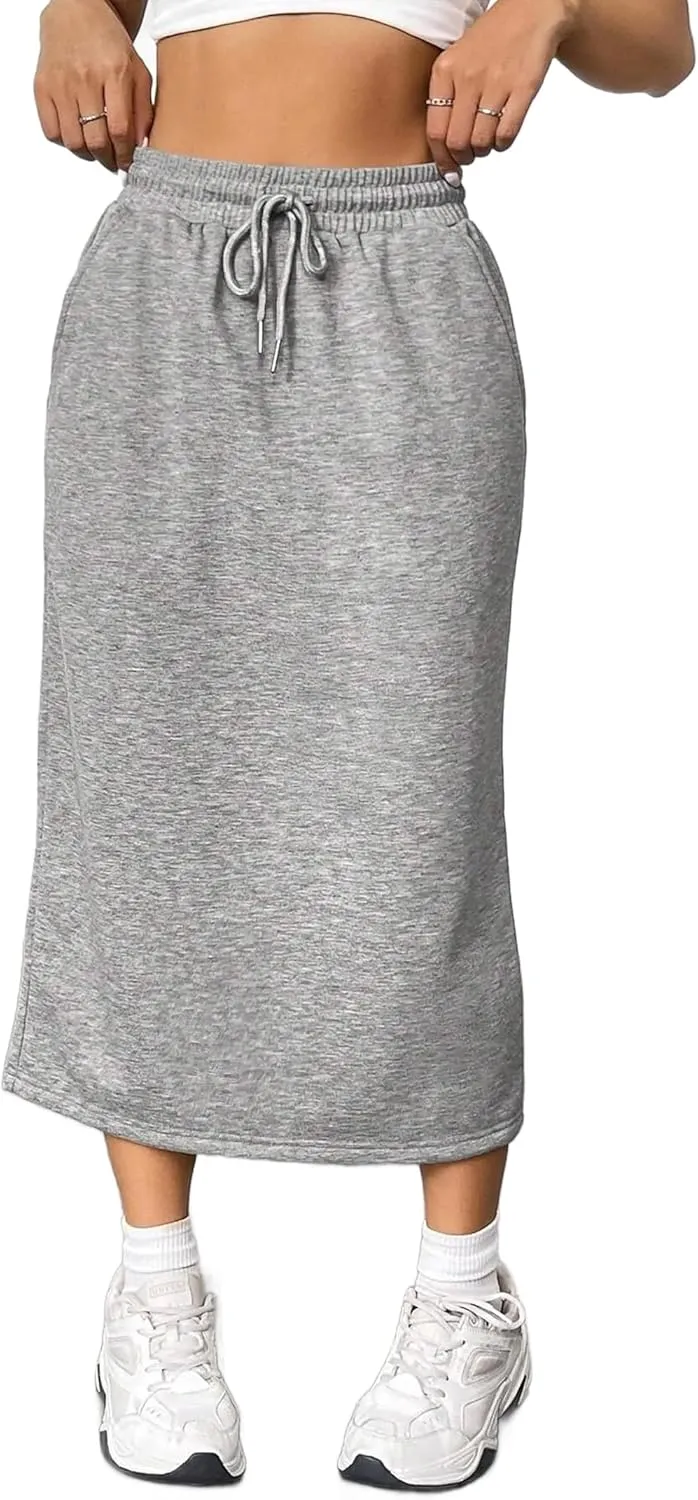 SOFIA'S CHOICE Women's Midi Skirt Drawstring High Waist Sweat Skirts with Pockets