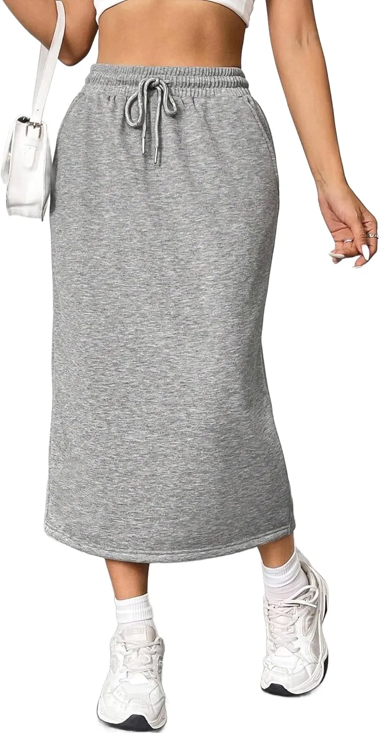 SOFIA'S CHOICE Women's Midi Skirt Drawstring High Waist Sweat Skirts with Pockets