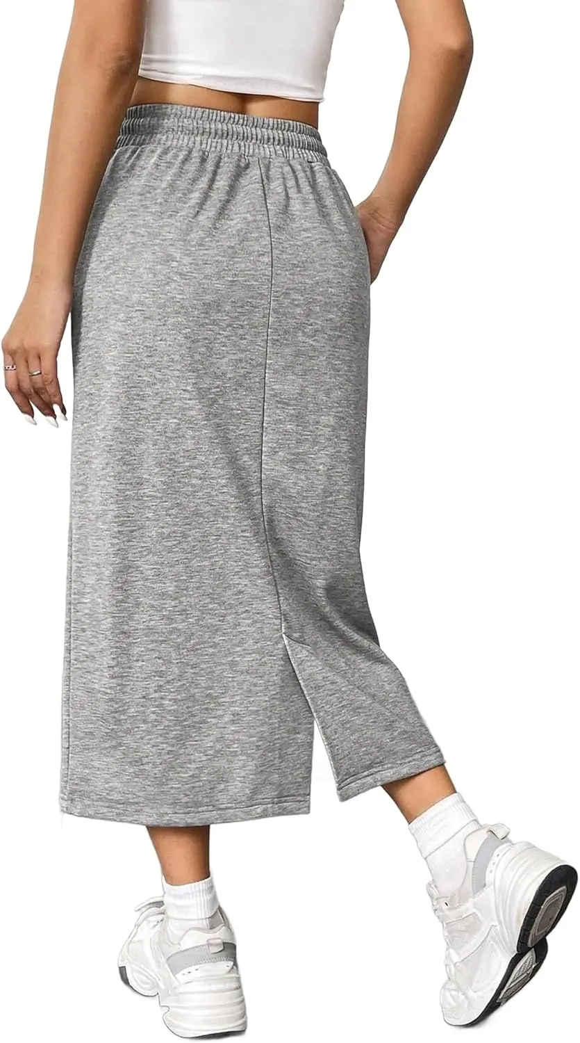 SOFIA'S CHOICE Women's Midi Skirt Drawstring High Waist Sweat Skirts with Pockets