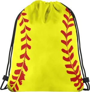 Softball Print Drawstring Bags Yellow Softball with Red Stitches Cute Sports Ball Pattern String Bags for Women Men Ball Team Activity Sport Gym Sack Casual Backpack for Yoga Travel