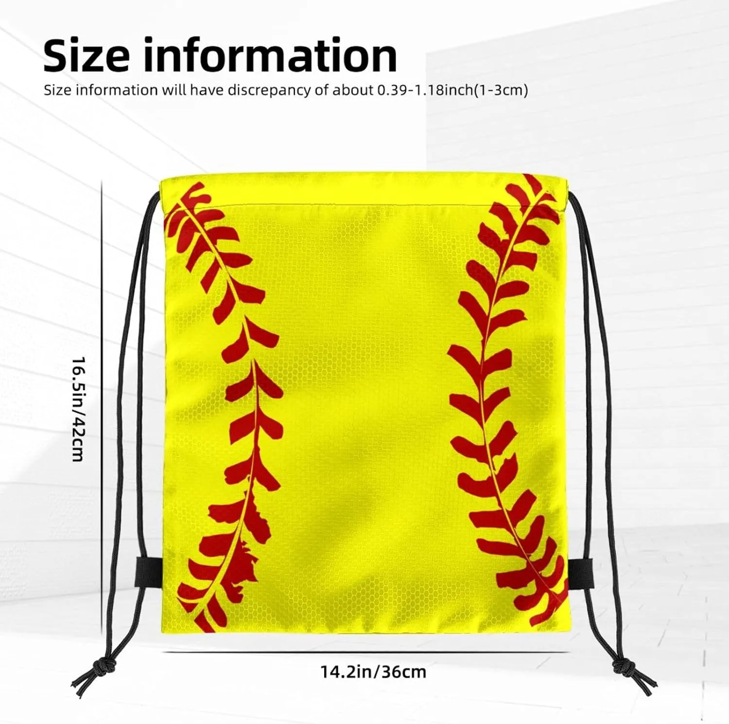 Softball Print Drawstring Bags Yellow Softball with Red Stitches Cute Sports Ball Pattern String Bags for Women Men Ball Team Activity Sport Gym Sack Casual Backpack for Yoga Travel