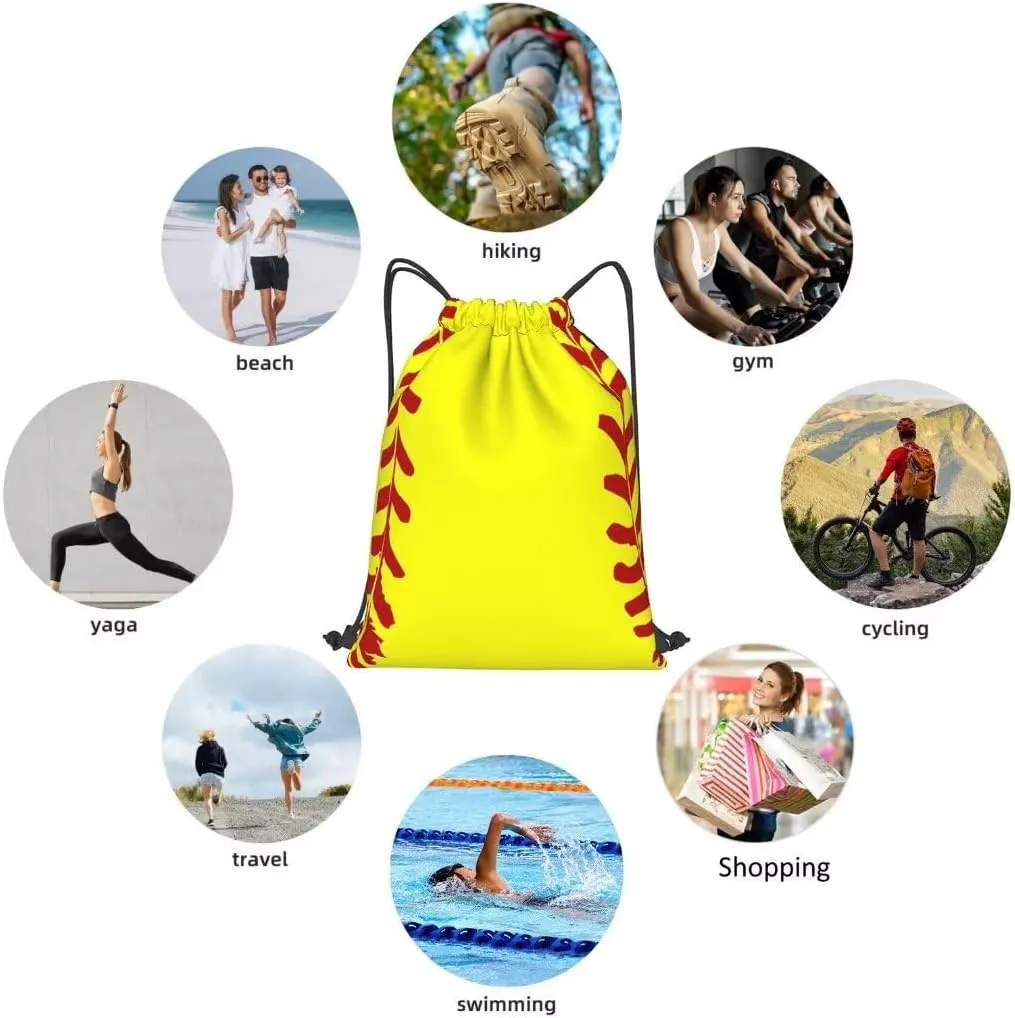 Softball Print Drawstring Bags Yellow Softball with Red Stitches Cute Sports Ball Pattern String Bags for Women Men Ball Team Activity Sport Gym Sack Casual Backpack for Yoga Travel
