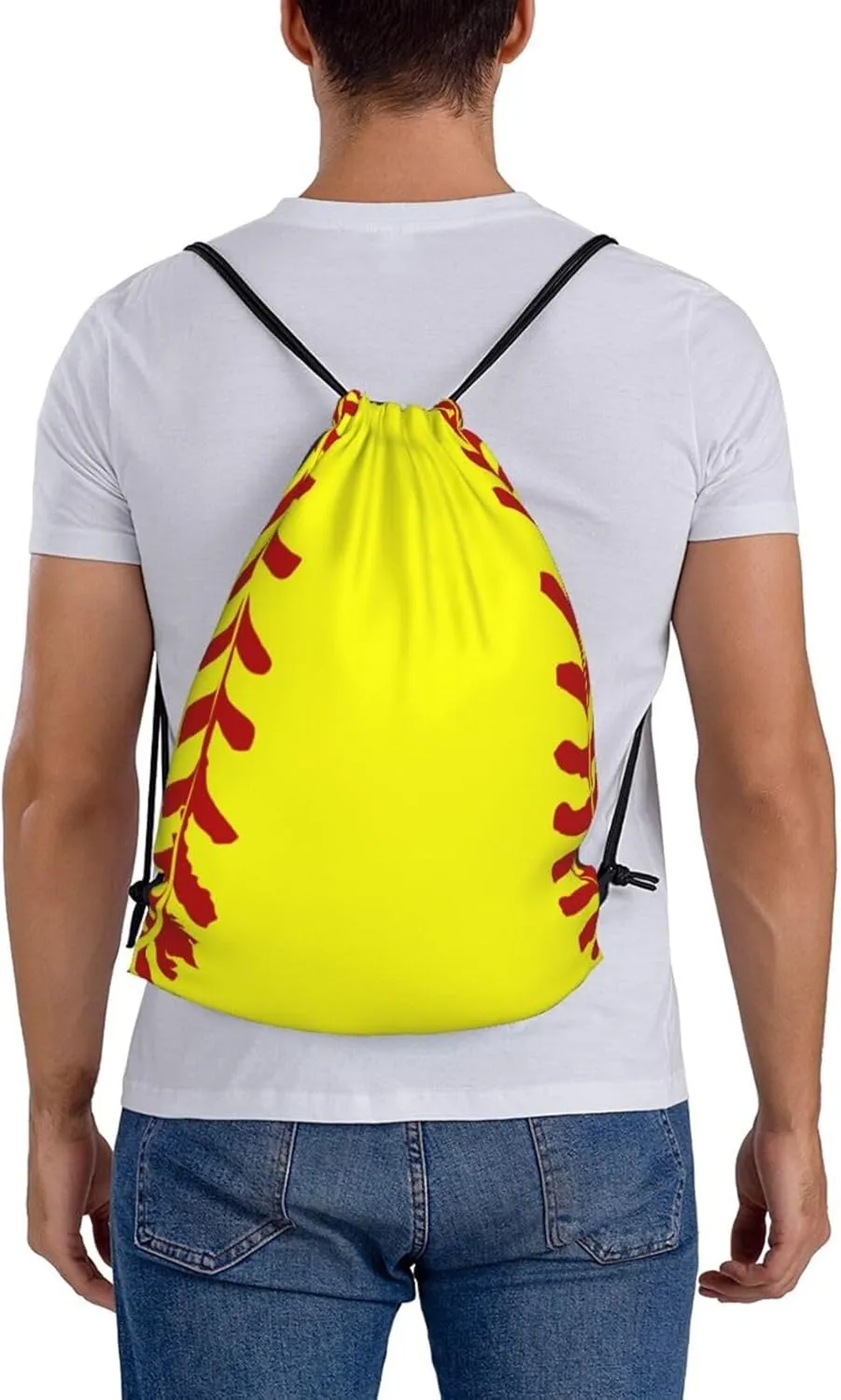 Softball Print Drawstring Bags Yellow Softball with Red Stitches Cute Sports Ball Pattern String Bags for Women Men Ball Team Activity Sport Gym Sack Casual Backpack for Yoga Travel