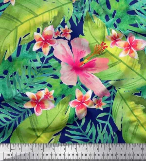 Soimoi Blue Cotton Canvas Fabric Leaves & Plumeria Flower Tropical Print Fabric by Yard 42 Inch Wide