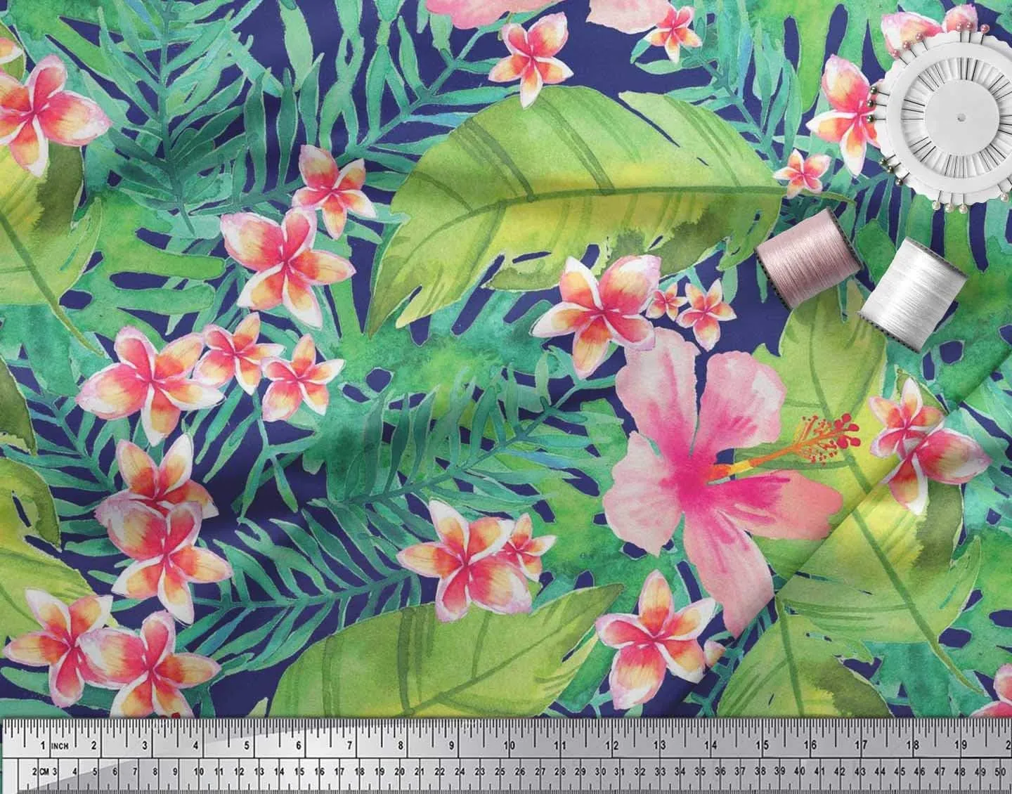 Soimoi Blue Cotton Canvas Fabric Leaves & Plumeria Flower Tropical Print Fabric by Yard 42 Inch Wide