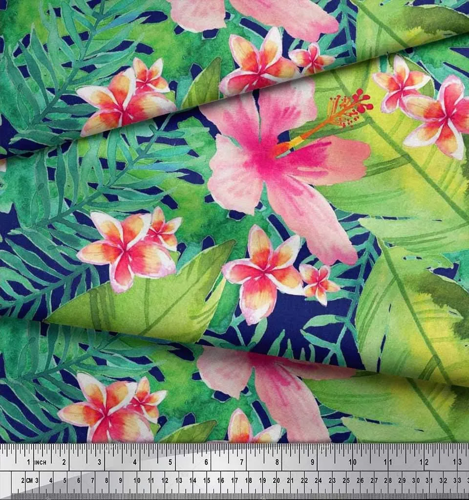 Soimoi Blue Cotton Canvas Fabric Leaves & Plumeria Flower Tropical Print Fabric by Yard 42 Inch Wide