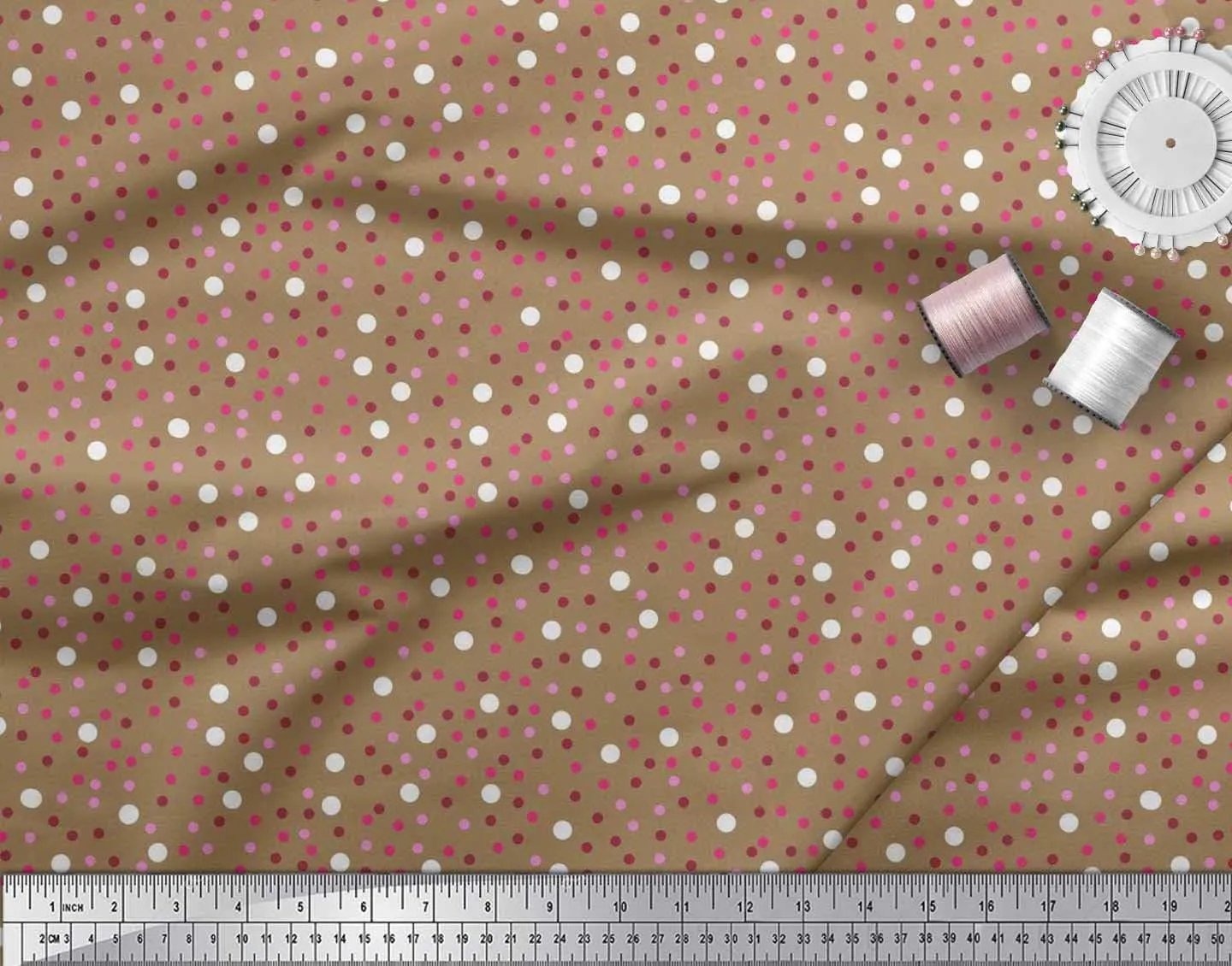 Soimoi Cotton Canvas Brown Fabric - by The Yard - 56 Inch Wide - Polka Dots Shirting - Playful and Classic Shirting with Polka Dot Patterns Printed Fabric