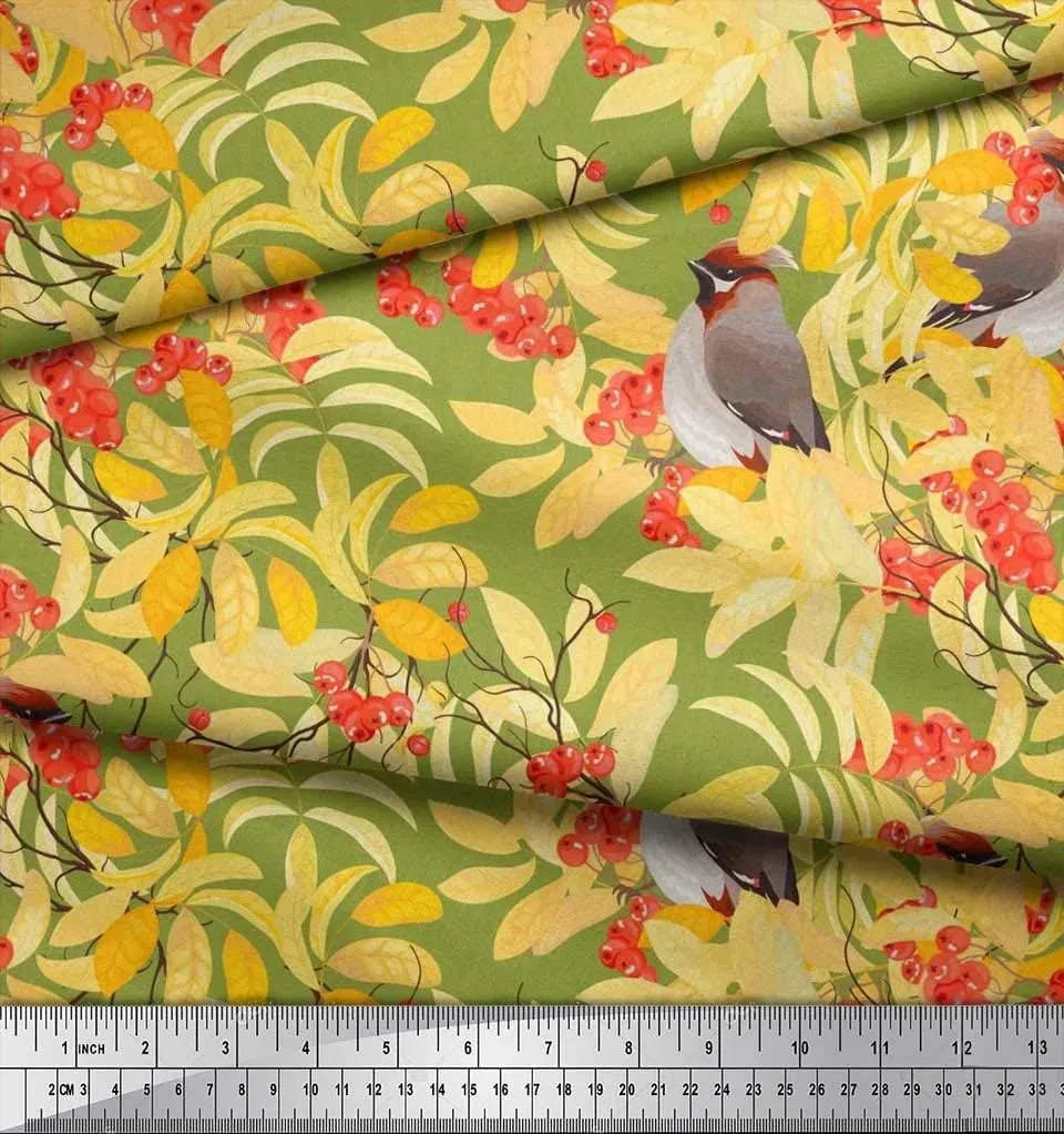 Soimoi Cotton Canvas Green Fabric - by The Yard - 42 Inch Wide - Leaves, Berries & Bird Print - Nature-Inspired Patterns with Whimsical Birds Printed Fabric