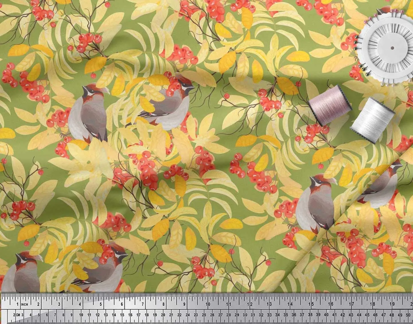 Soimoi Cotton Canvas Green Fabric - by The Yard - 42 Inch Wide - Leaves, Berries & Bird Print - Nature-Inspired Patterns with Whimsical Birds Printed Fabric