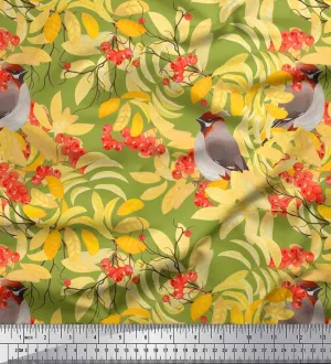 Soimoi Cotton Canvas Green Fabric - by The Yard - 42 Inch Wide - Leaves, Berries & Bird Print - Nature-Inspired Patterns with Whimsical Birds Printed Fabric