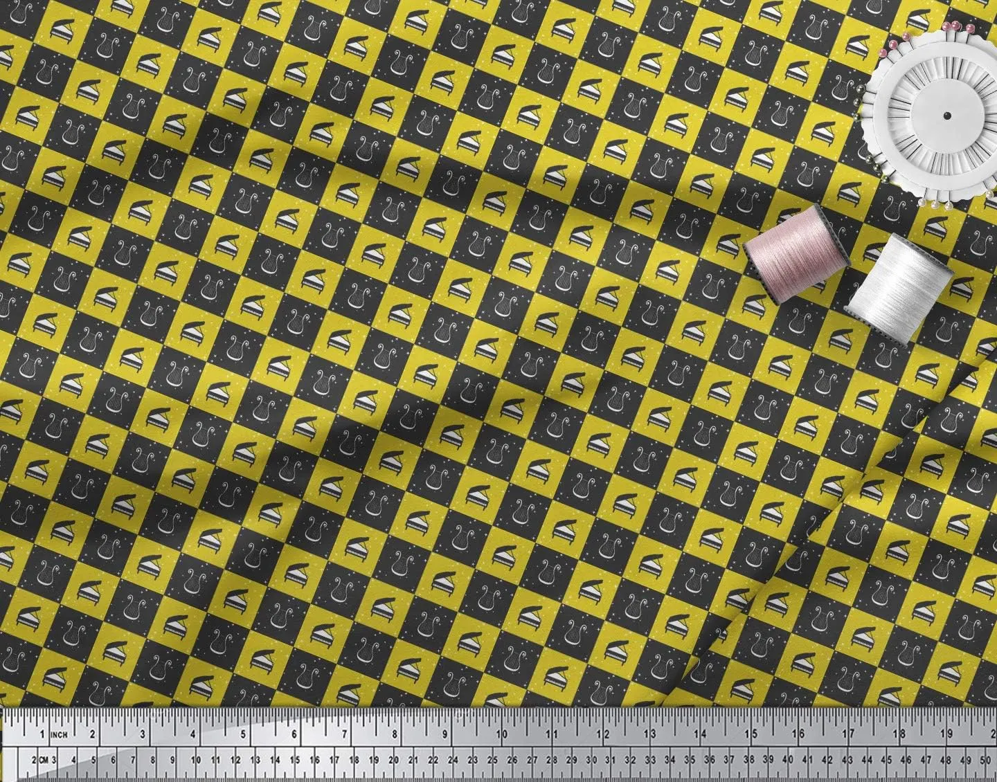 Soimoi Heavy Canvas Yellow Fabric - by The Yard - 58 Inch Wide - Stars & Piano Musical Instrument Textile - Celestial and Melodic Patterns for Various Projects Printed Fabric