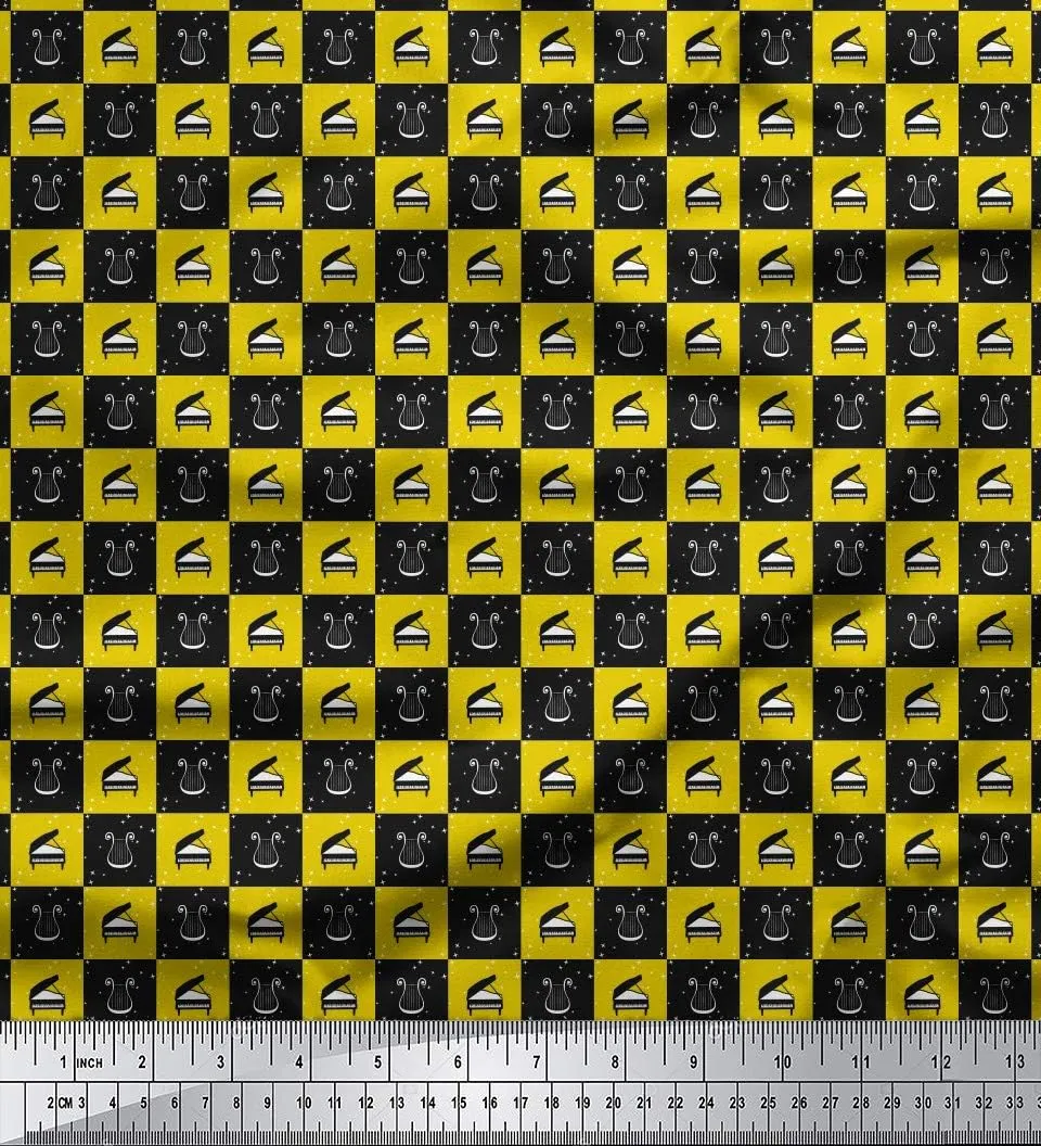 Soimoi Heavy Canvas Yellow Fabric - by The Yard - 58 Inch Wide - Stars & Piano Musical Instrument Textile - Celestial and Melodic Patterns for Various Projects Printed Fabric