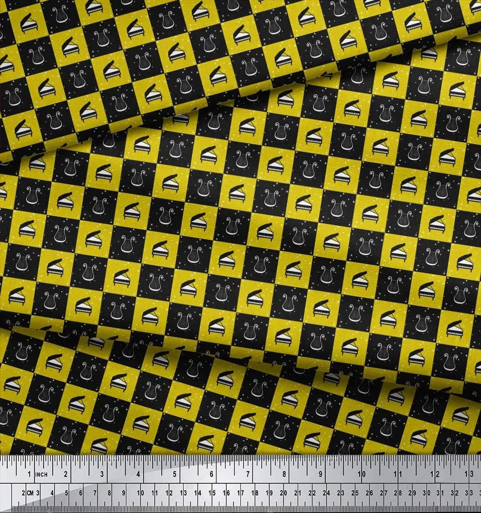 Soimoi Heavy Canvas Yellow Fabric - by The Yard - 58 Inch Wide - Stars & Piano Musical Instrument Textile - Celestial and Melodic Patterns for Various Projects Printed Fabric
