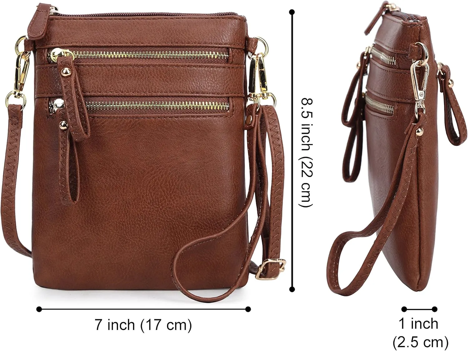 Solene Small Crossbody Bag for Women, Multi Zip Pockets with Detachable Wristlet, Lightweight Travel Purse, Cell Phone Pouch