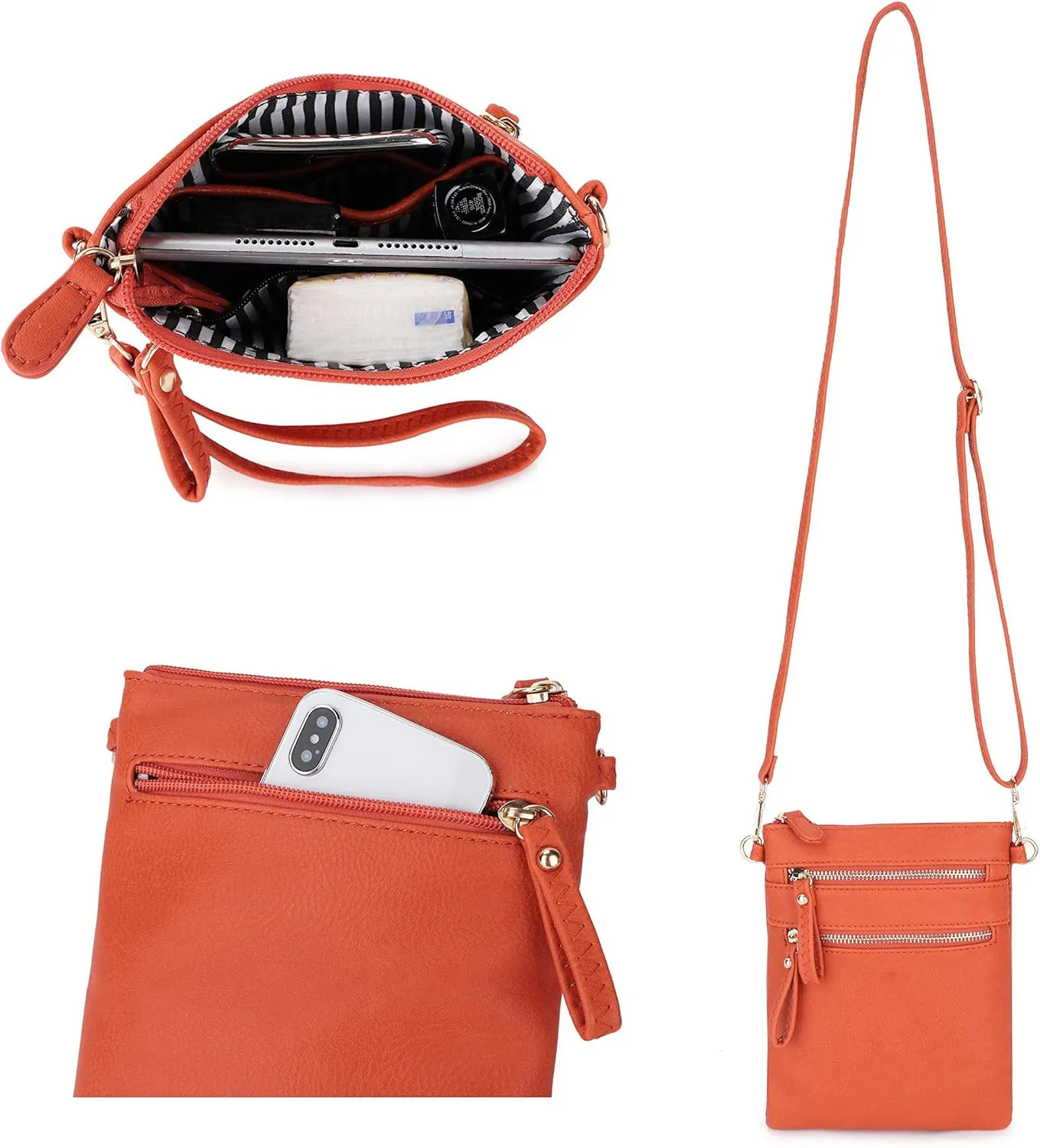 Solene Small Crossbody Bag for Women, Multi Zip Pockets with Detachable Wristlet, Lightweight Travel Purse, Cell Phone Pouch
