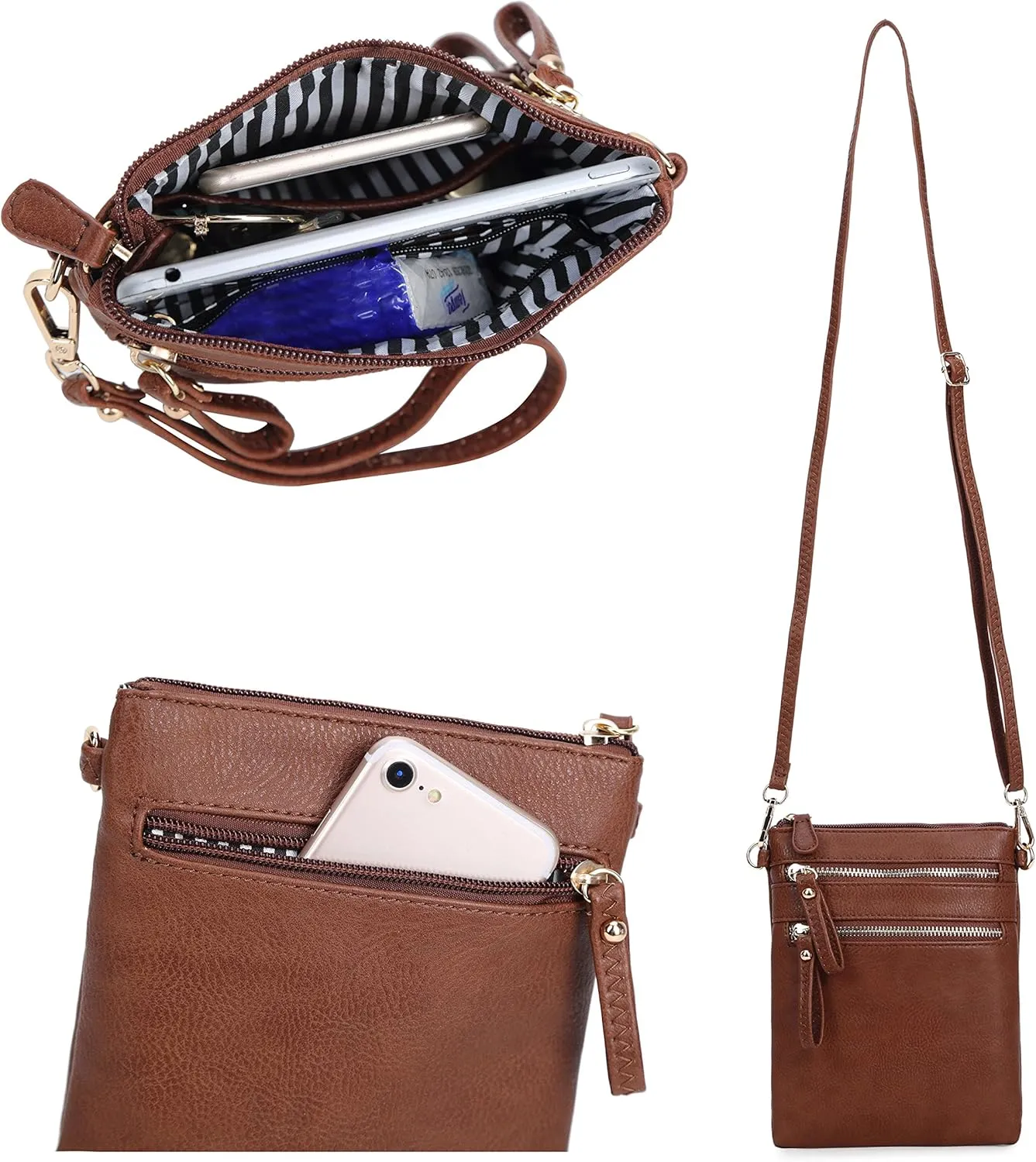 Solene Small Crossbody Bag for Women, Multi Zip Pockets with Detachable Wristlet, Lightweight Travel Purse, Cell Phone Pouch