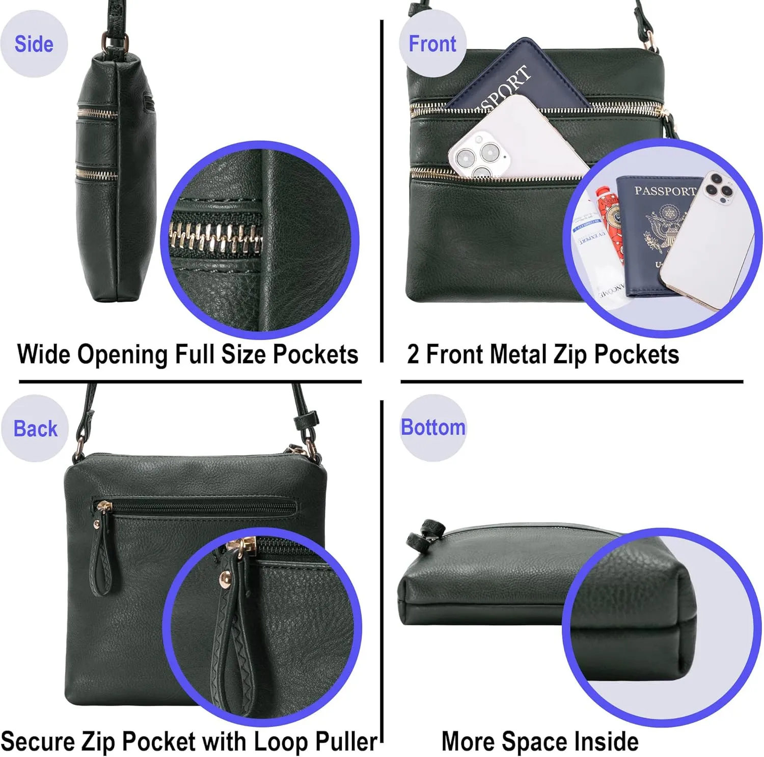 Solene Small Multi Zipper Pocket Crossbody Bag with Adjustable Strap, Lightweight Travel Purse, Daily Small Messenger Pouch
