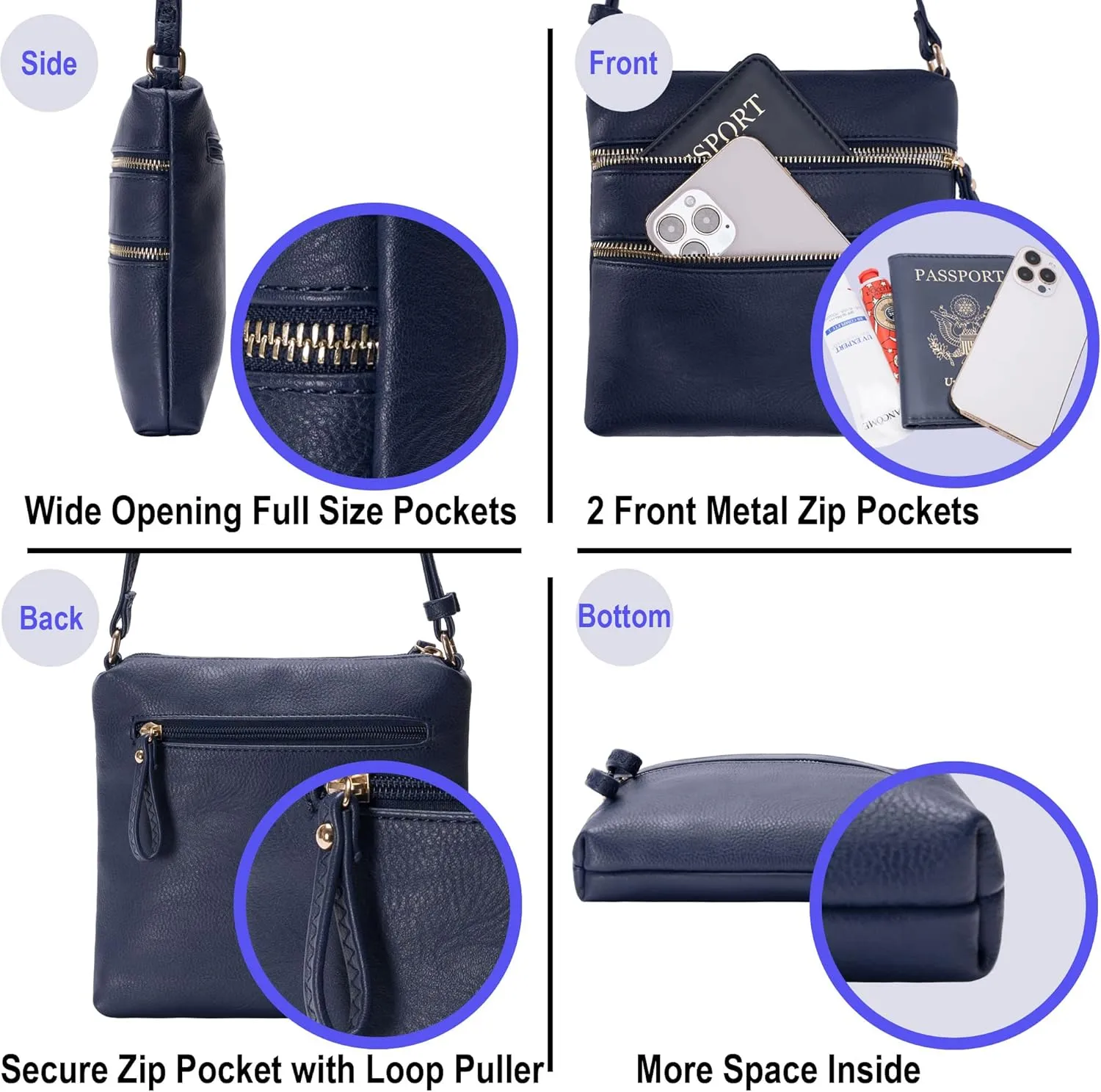 Solene Small Multi Zipper Pocket Crossbody Bag with Adjustable Strap, Lightweight Travel Purse, Daily Small Messenger Pouch