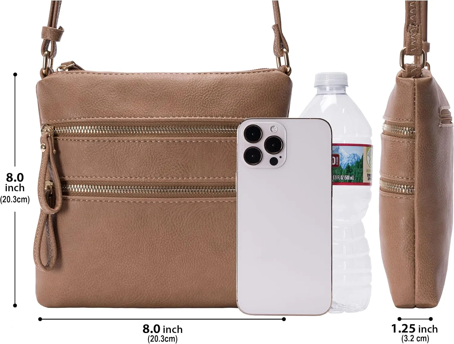 Solene Small Multi Zipper Pocket Crossbody Bag with Adjustable Strap, Lightweight Travel Purse, Daily Small Messenger Pouch