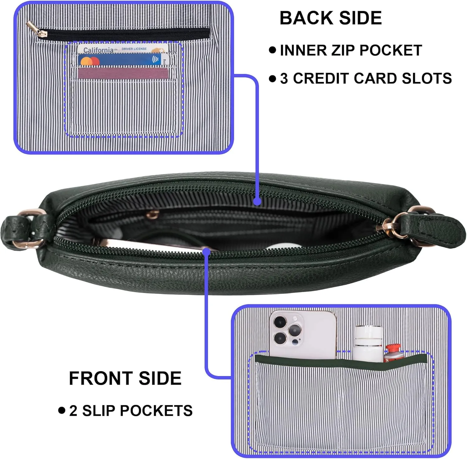 Solene Small Multi Zipper Pocket Crossbody Bag with Adjustable Strap, Lightweight Travel Purse, Daily Small Messenger Pouch