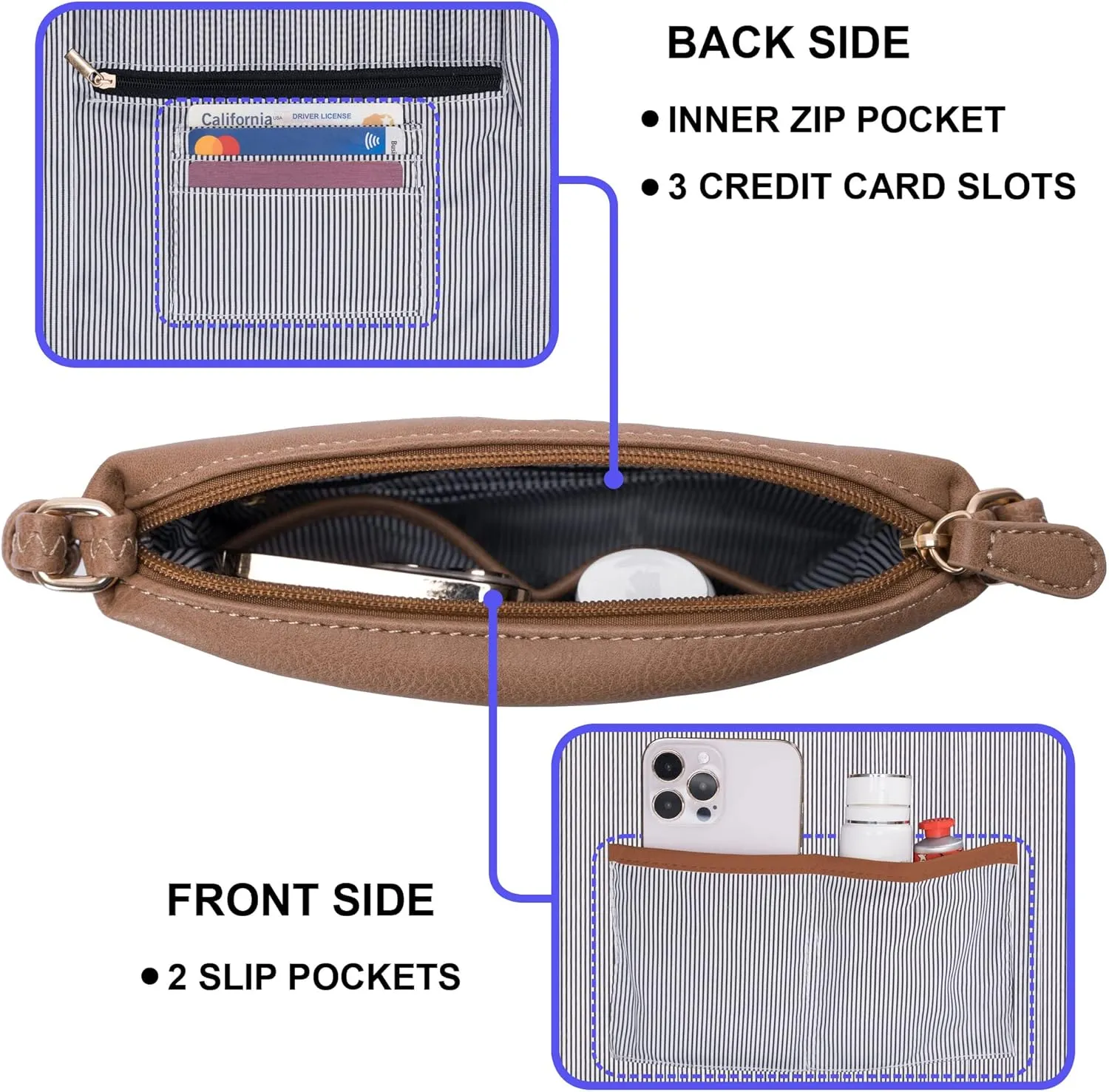 Solene Small Multi Zipper Pocket Crossbody Bag with Adjustable Strap, Lightweight Travel Purse, Daily Small Messenger Pouch