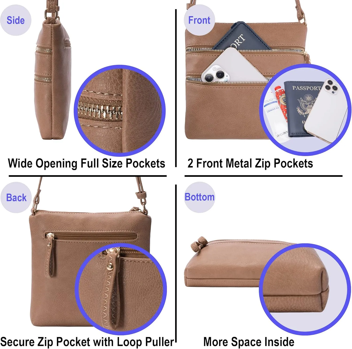 Solene Small Multi Zipper Pocket Crossbody Bag with Adjustable Strap, Lightweight Travel Purse, Daily Small Messenger Pouch