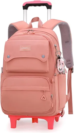 Solid Color Girls Rolling Backpack with Wheels Schoolbag Elementary School Student Trolley Daypack