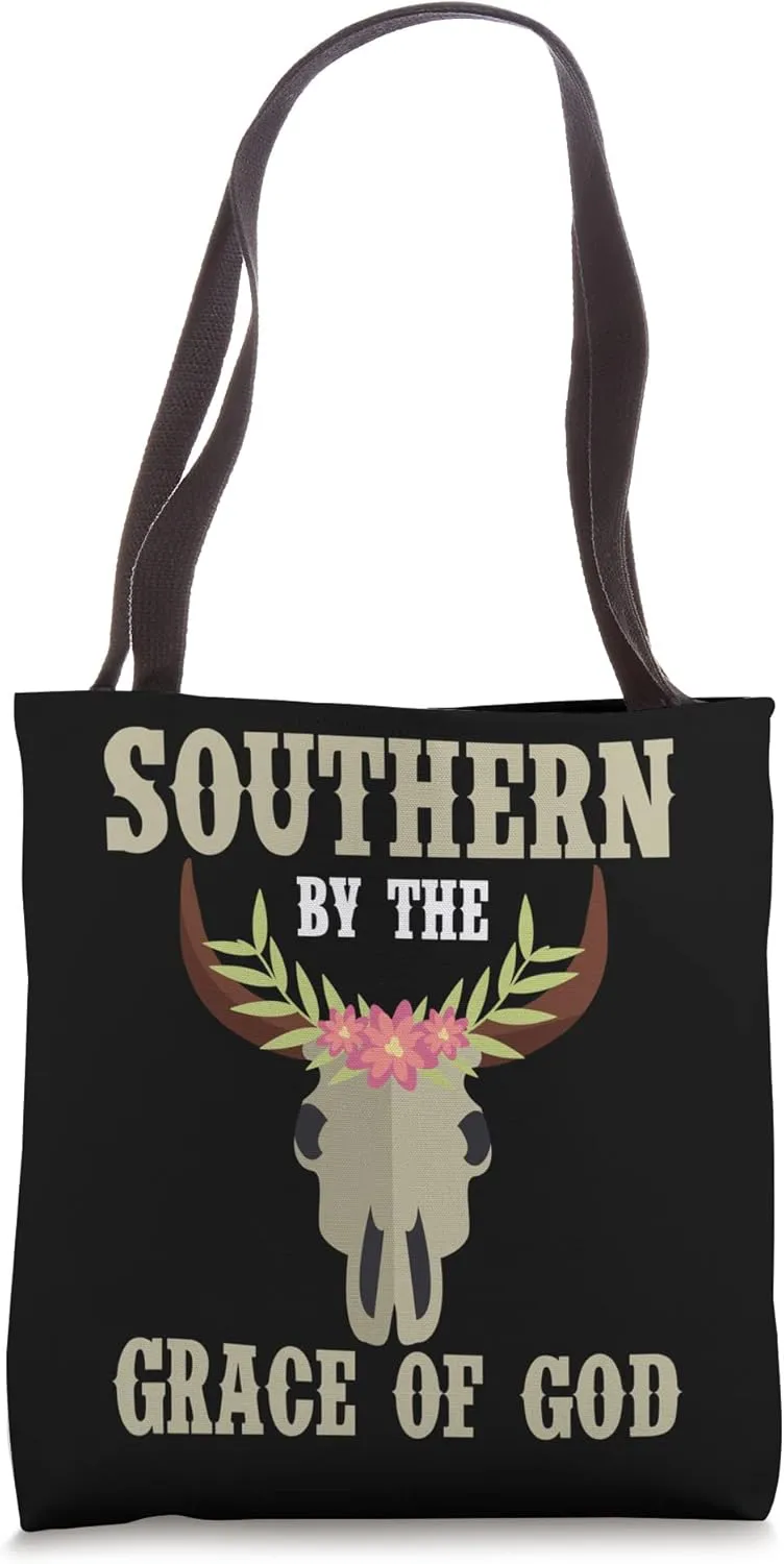 Southern By The Grace of God Cow Skull Bohemian Southerner Tote Bag