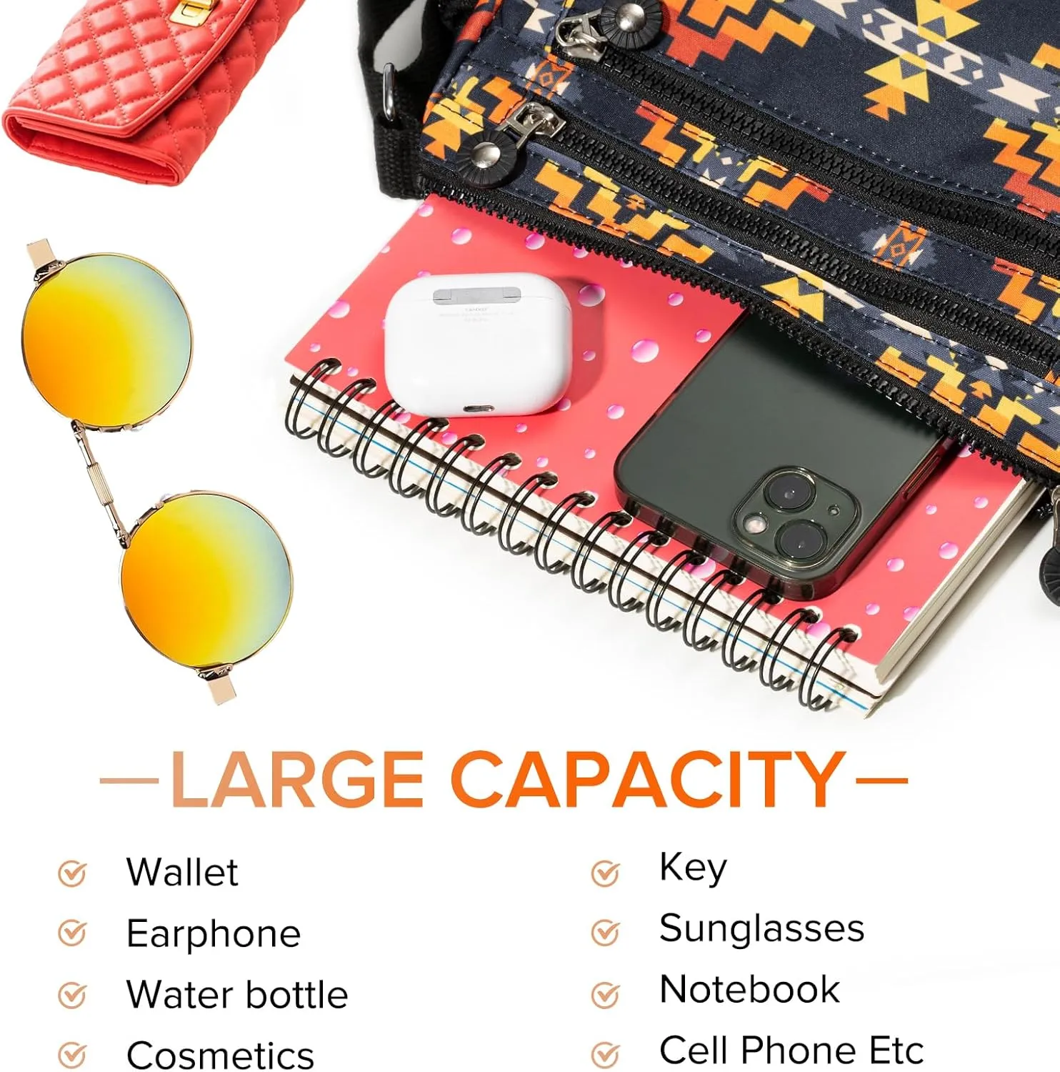 Southwest Shoulder Crossbody Bag for Women, Aztec Satchel&Purse with Multi Zipper Pocket and Adjustable Strap