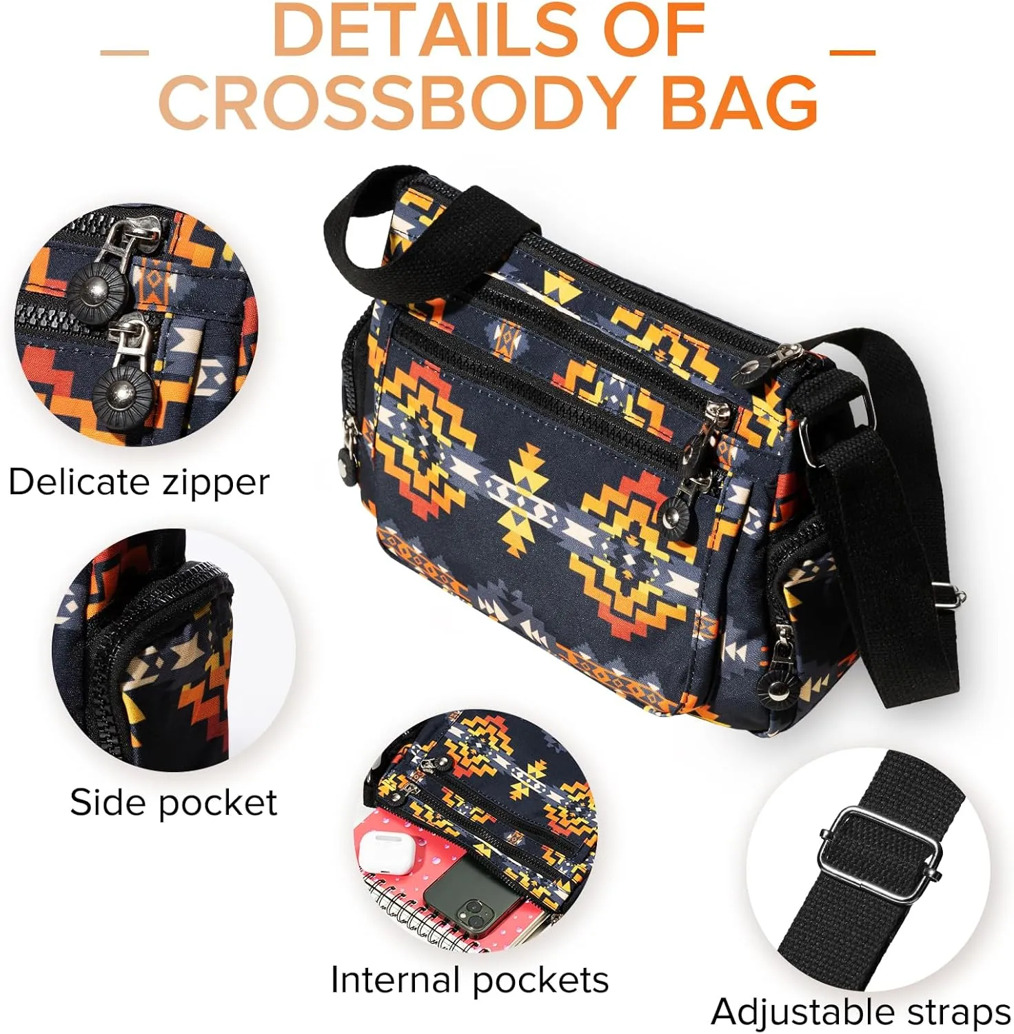 Southwest Shoulder Crossbody Bag for Women, Aztec Satchel&Purse with Multi Zipper Pocket and Adjustable Strap