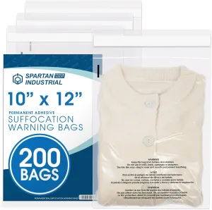 Spartan Industrial - 10” X 12” (200 Count) Self Seal Clear Poly Bags with Suffocation Warning for Packaging, T Shirts - Permanent Adhesive