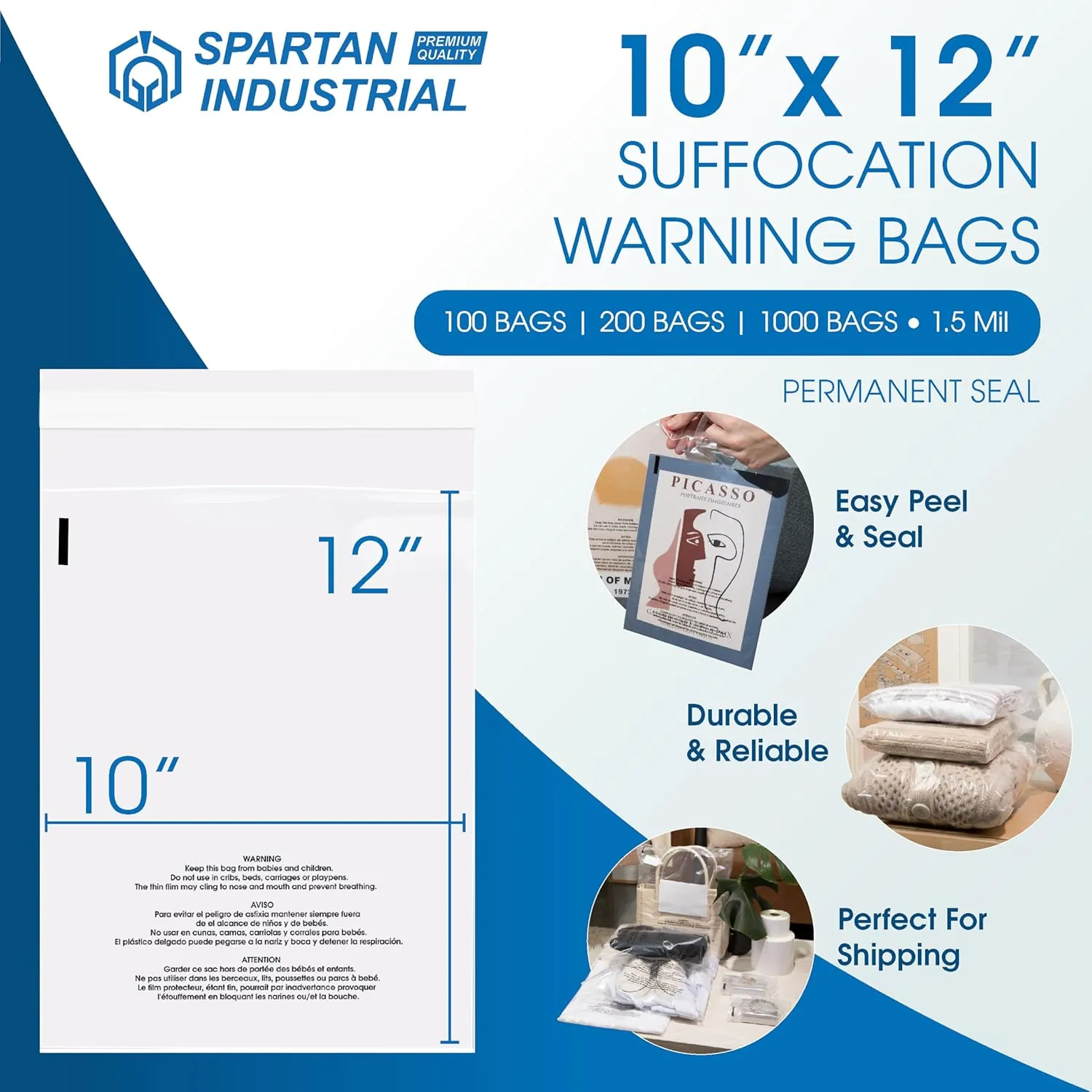 Spartan Industrial - 10” X 12” (200 Count) Self Seal Clear Poly Bags with Suffocation Warning for Packaging, T Shirts - Permanent Adhesive