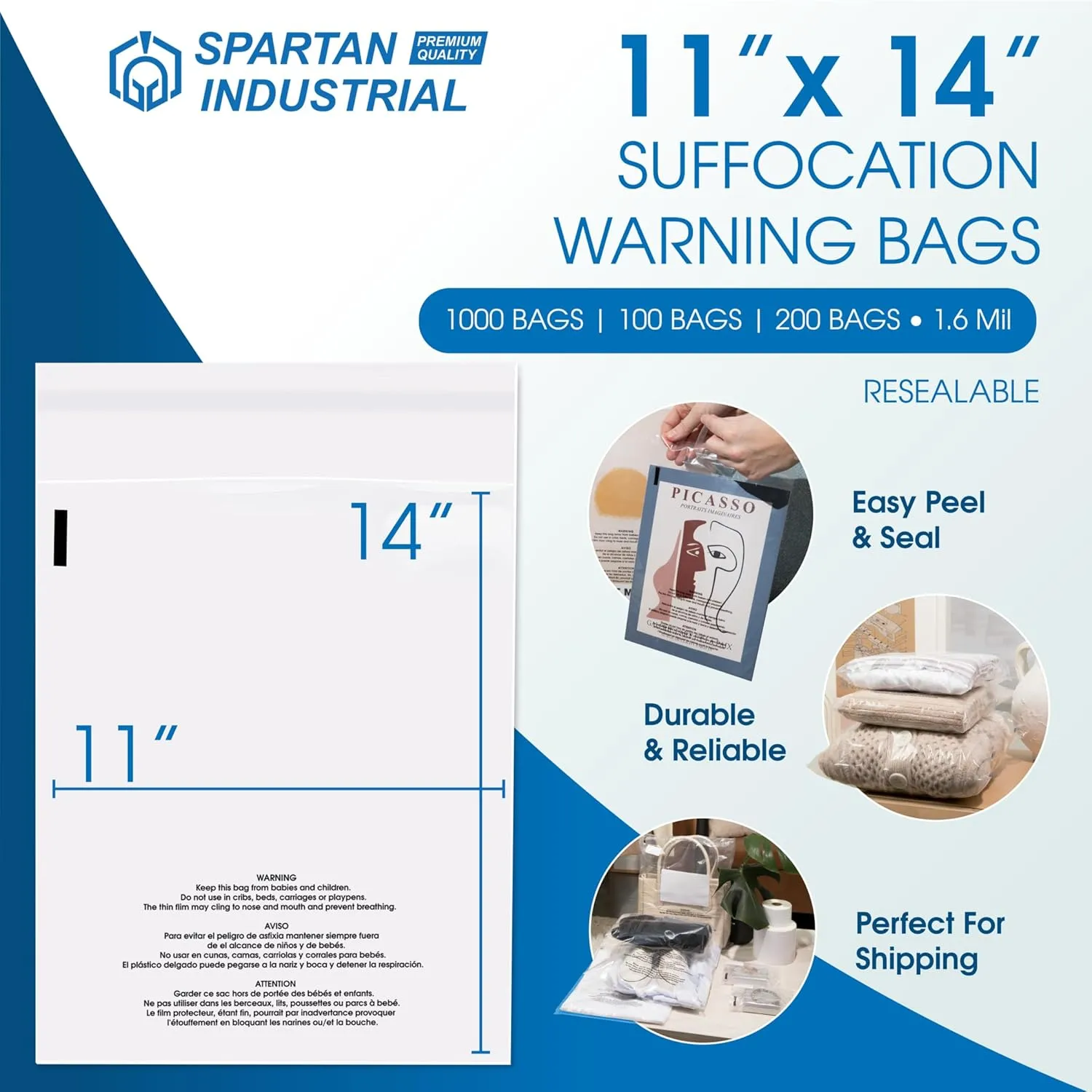 Spartan Industrial - 11” X 14” (200 Count) Self Seal Clear Poly Bags with Suffocation Warning for Packaging, T Shirts & - Resealable Glue