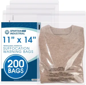 Spartan Industrial - 11” X 14” (200 Count) Self Seal Clear Poly Bags with Suffocation Warning for Packaging, T Shirts & - Resealable Glue
