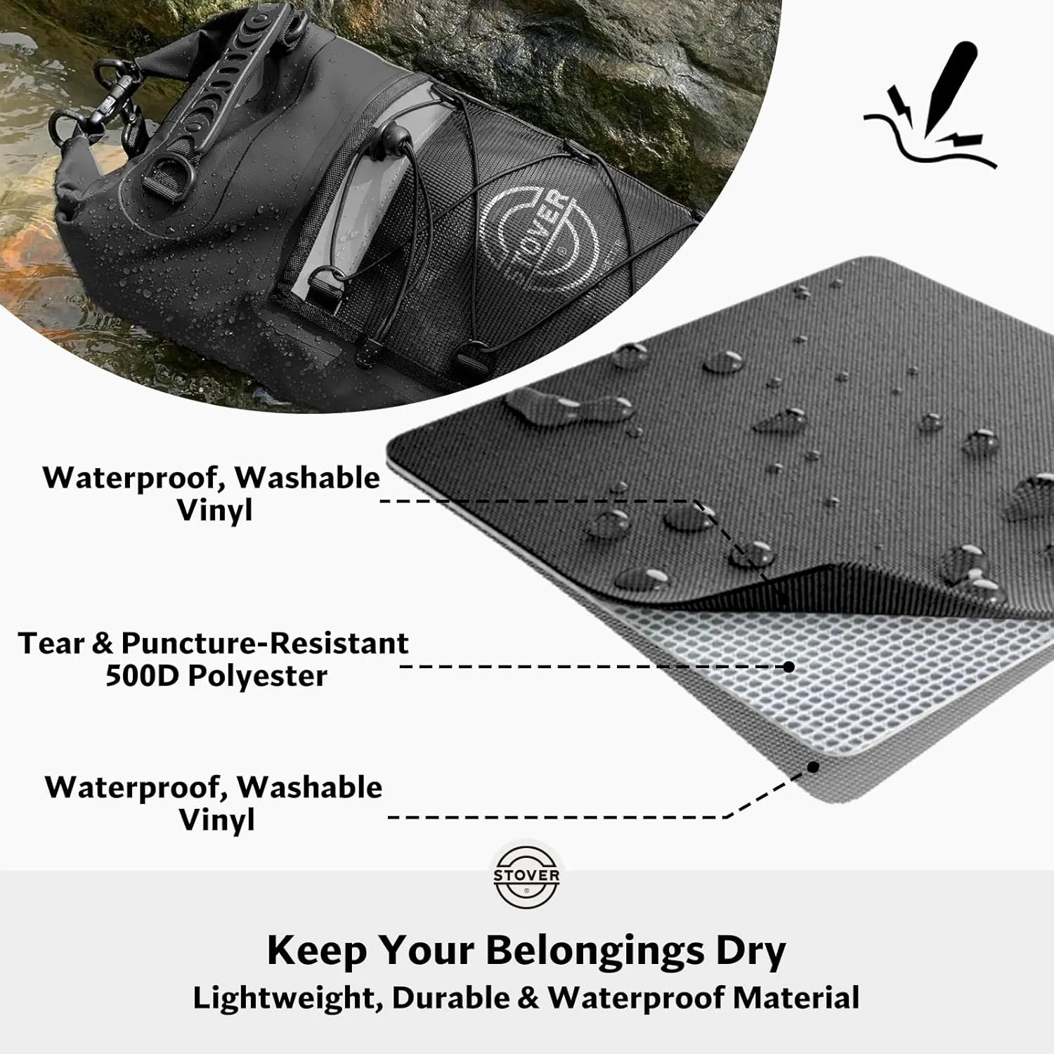 STOVER 5/10/25/30/40/55L Waterproof Dry Backpack & Phone Case- Medium Floating Dry Bag for Kayaking, Travel, Hiking, Fishing, Camping, Motorcycles & Beach, Heavy-Duty Roll Top Men/Women (Black)