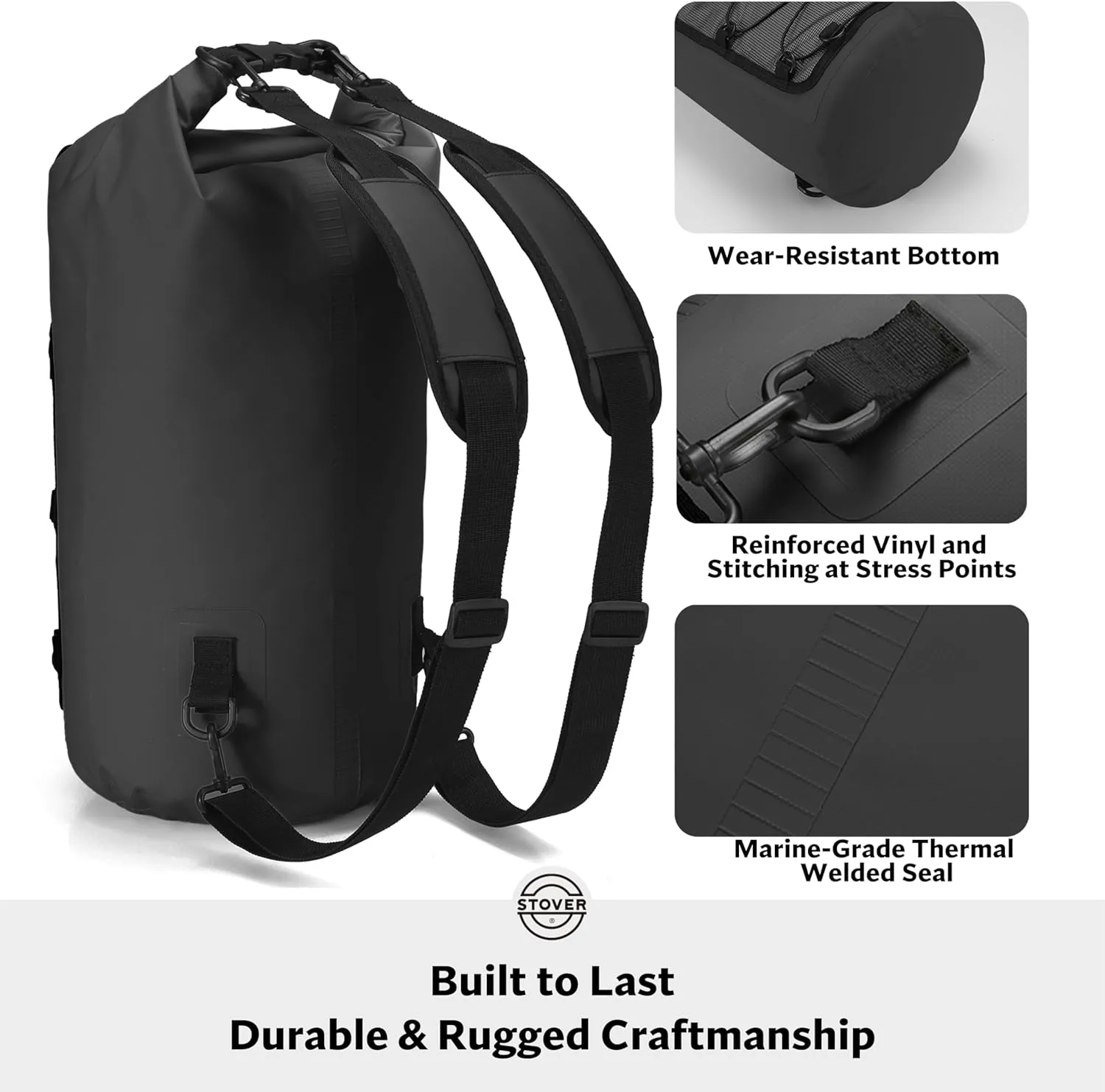 STOVER 5/10/25/30/40/55L Waterproof Dry Backpack & Phone Case- Medium Floating Dry Bag for Kayaking, Travel, Hiking, Fishing, Camping, Motorcycles & Beach, Heavy-Duty Roll Top Men/Women (Black)