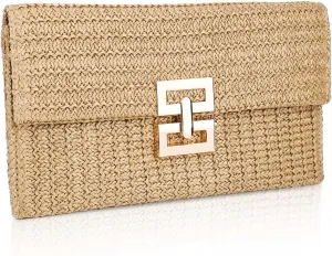 Straw Clutch, Summer Beach Straw Clutch Handbag Straw Tote Bag Boho Style Clutch Purse Handwoven Casual Small Envelope Straw Wallet for Women Girl Vacation Party Wedding